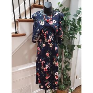 Max Women's Blue Floral Polyester Round Neck Cold Shoulder Knee Length Dress 2X